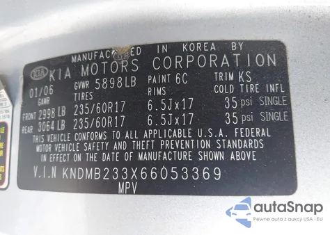 2006 Kia Sedona Ex/Lx из США, поврежденный, VIN KNDMB233X66053369